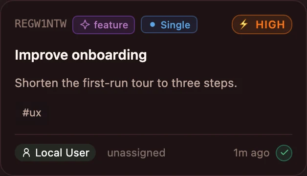 Backlog card from the Ajica board: Improve onboarding, a single feature task with high priority, unassigned, no progress bar.